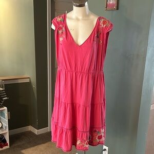 Johnny Was XXL Dress Pink Tiered V-Neck Embroidered Sundress
